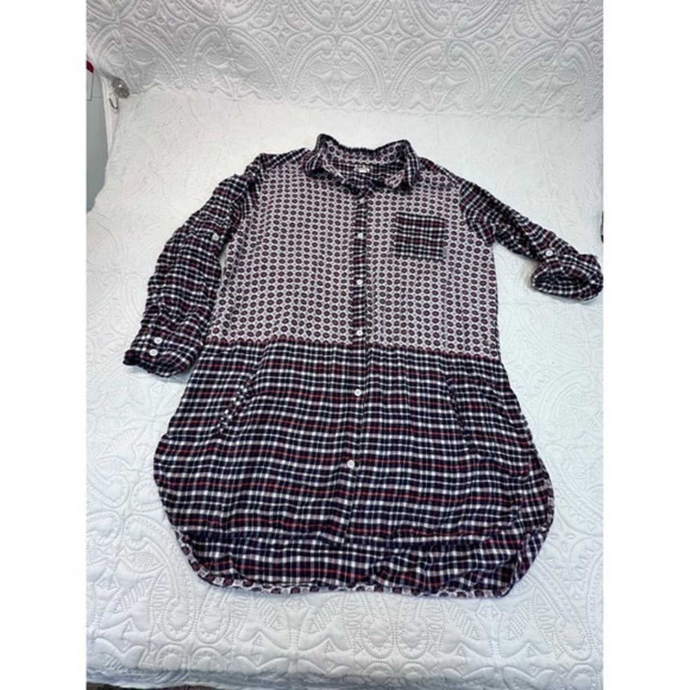 DKNY Mixed Print Plaid Geometric Button Front Shirt Dress Navy Red White Large
